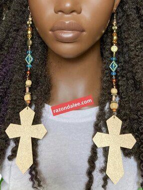 Elongated Dangle Earrings Wooden Crosses Antique Gold Multi by Razonda Lee